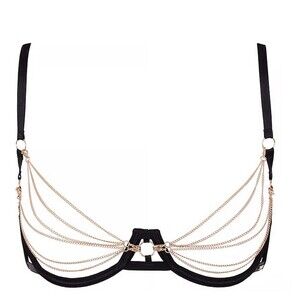 Bluebella Oriana Open Cup Bra Black with Gold Chain Detail Size 32DD